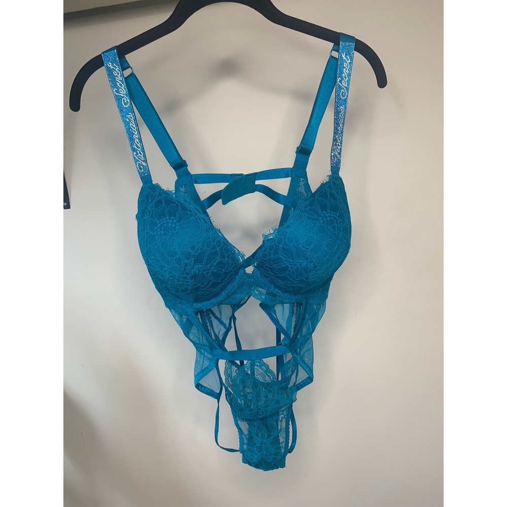 Victoria's Secret Very Sexy Push-Up  Teddy Evening Tide blue Rhinestone Strap XL
